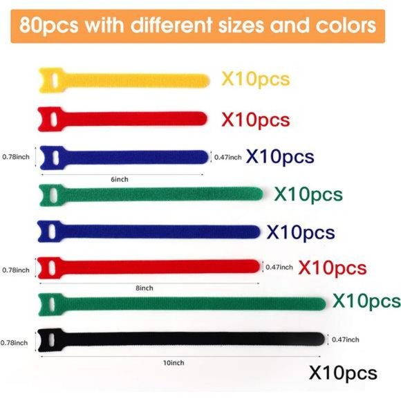 80 pcs Reusable Fastening Cable Ties 3 Sizes 6/8/10 inch Adjustable Cord Ties - Picture 2 of 8